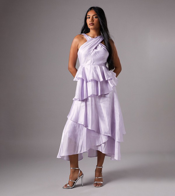 Petite Halter Neck Ruffle Layered Midi Dress