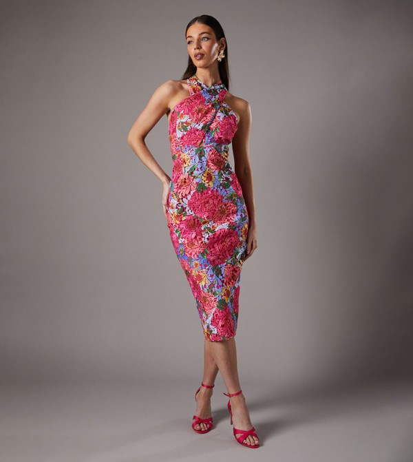 Floral Printed Halter Neck Lace Shift Dress