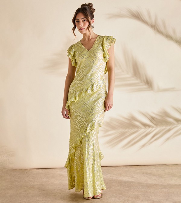 Metallic Jacquard Frill Midi Dress