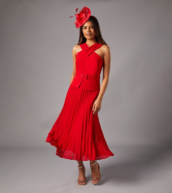 Petite Cross Over Neck Pleated Midi Dress