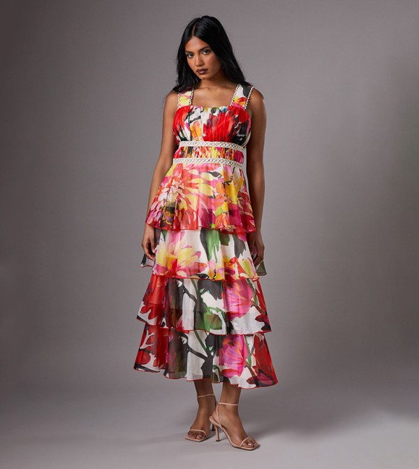 Petite Printed Organza Strappy Layered Midi Dress