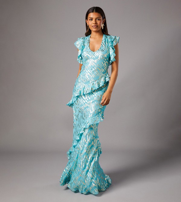 Petite Metallic Jacquard Frill Midi Dress