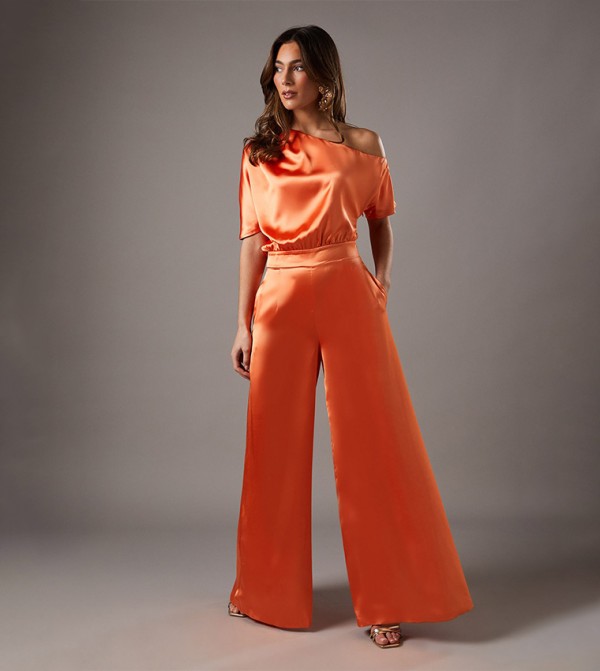 Solid Off Shoulder Satin Jumpsuit