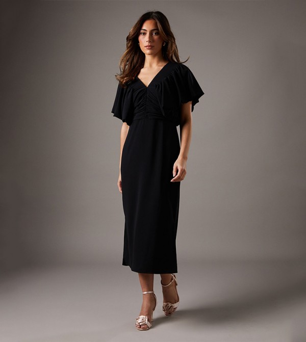 Solid Puff Sleeves Midi Dress