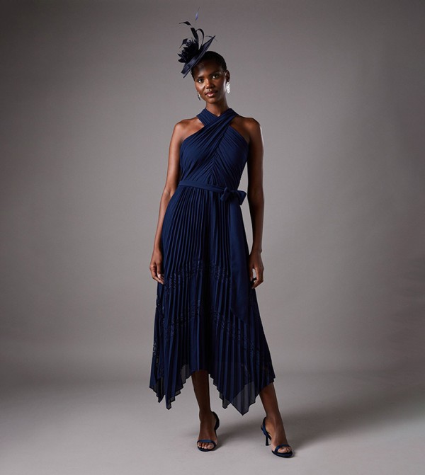 Pleated Halter Neck Lace Insert Midi Dress
