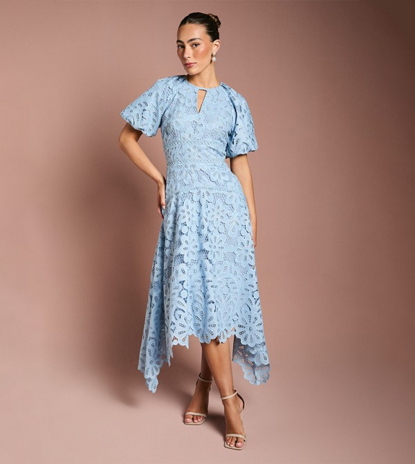 Lace Hanky Hem Puff Sleeves Dress
