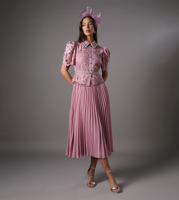 Lace Top Pleat Skirt Jewel Button Dress