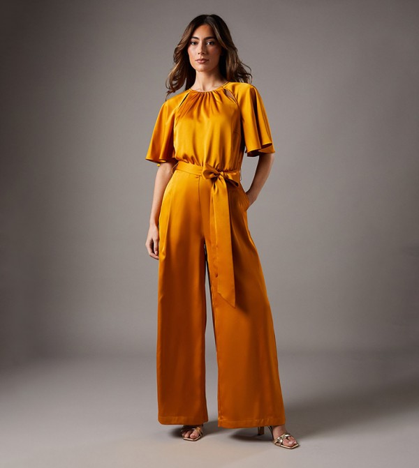Belted Satin Angel Sleeves Jumpsuit