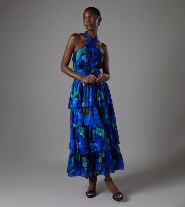 Printed Halter Tie Neck Layered Maxi Dress