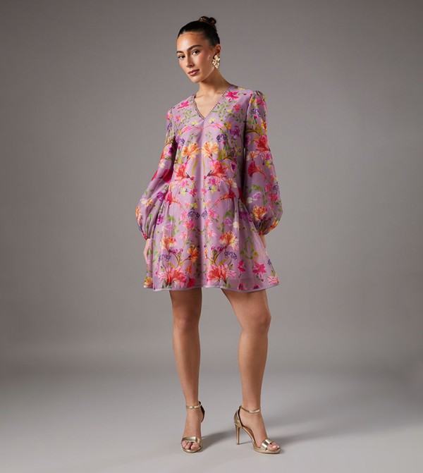 Floral V-Neck Organza Mini Dress