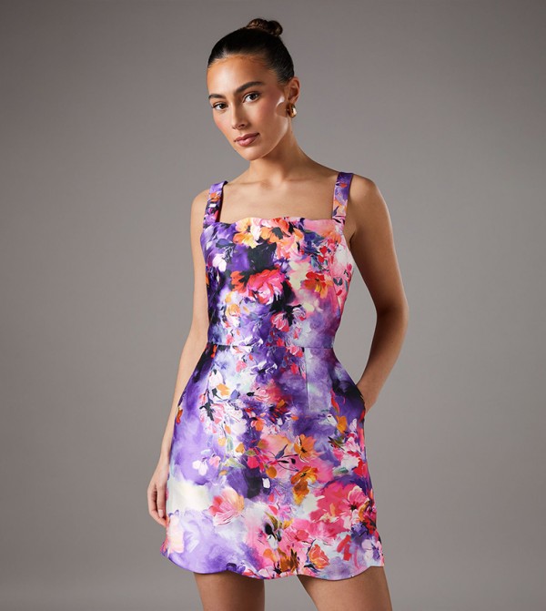 Printed Twill Strappy Mini Dress