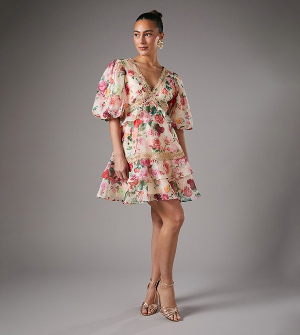 Lace Trim Puff Sleeves Organza Mini Dress