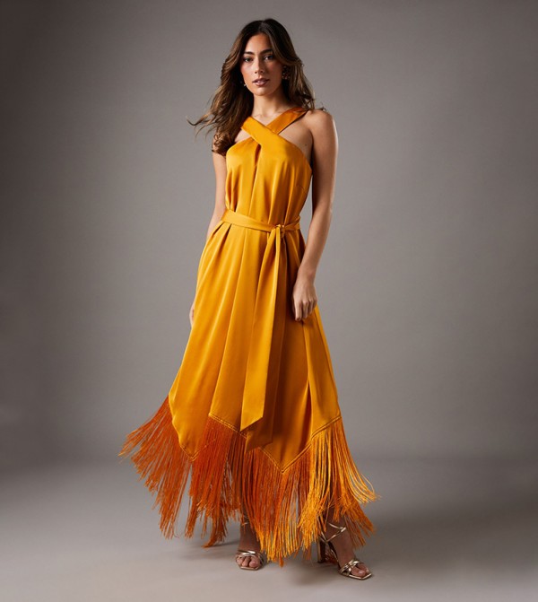 Halter Neck Fringe Asymmetric Hem Maxi Dress
