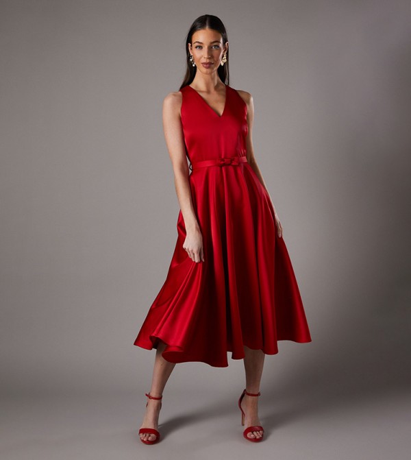 Bow Trim V-Neck Volume Skirt Midi Dress