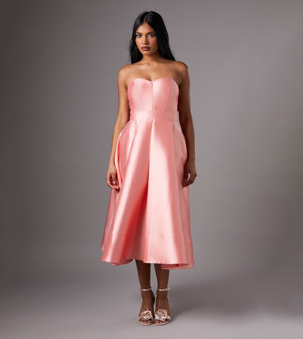 Petite Pleated Twill Midi Dress with Sweetheart Neckline