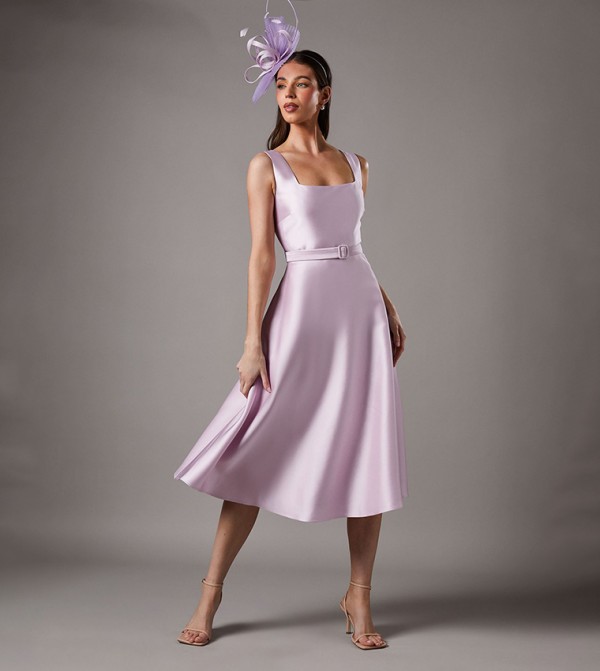 Petite Belted Twill Midi Dress