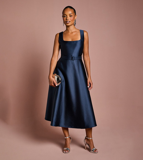 Petite Belted Twill Midi Dress