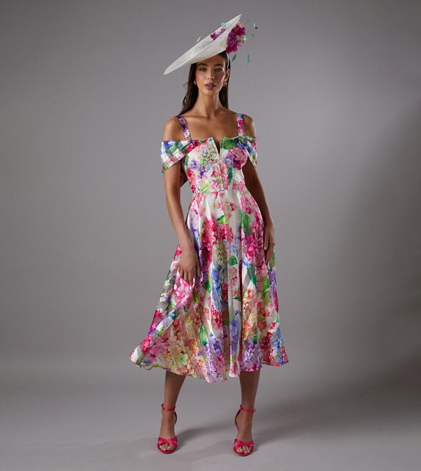 Lisa Tan Printed Organza Bardot Midi Dress