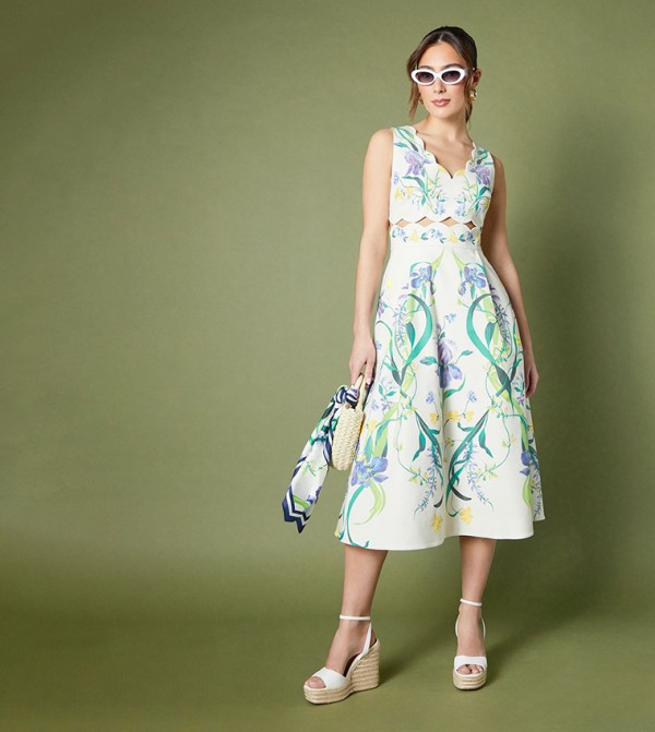 Printed Cut-Out Detail Crepe Midi Dress