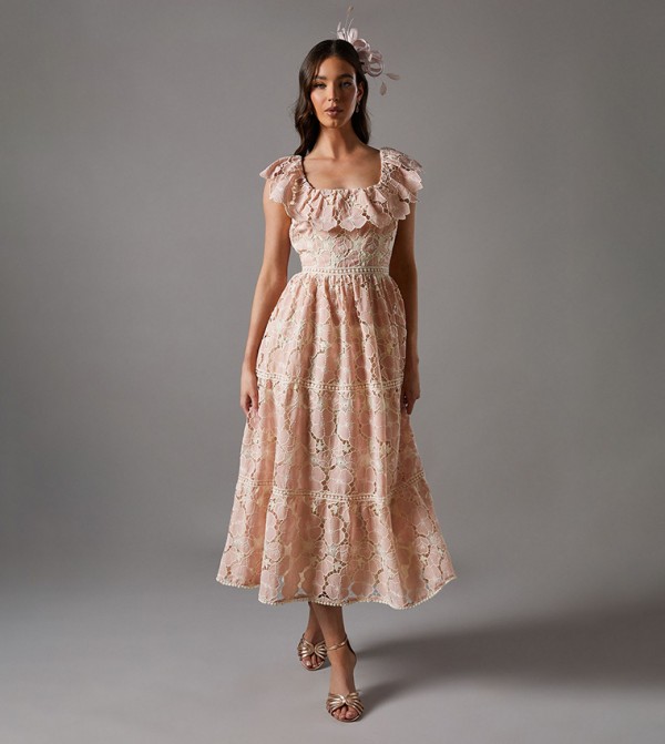 Lace Ruffled Square Neck Midi Dress