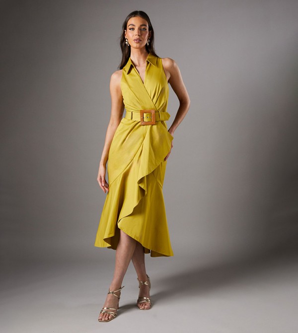 Sleeveless V-Neck Collar Dress with Belt