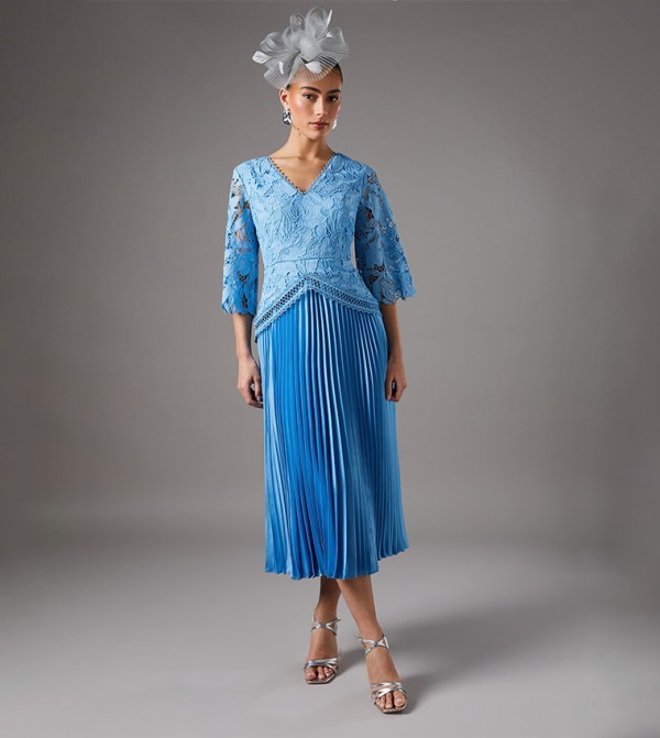 Lace Top Pleated Skirt Midi Dress