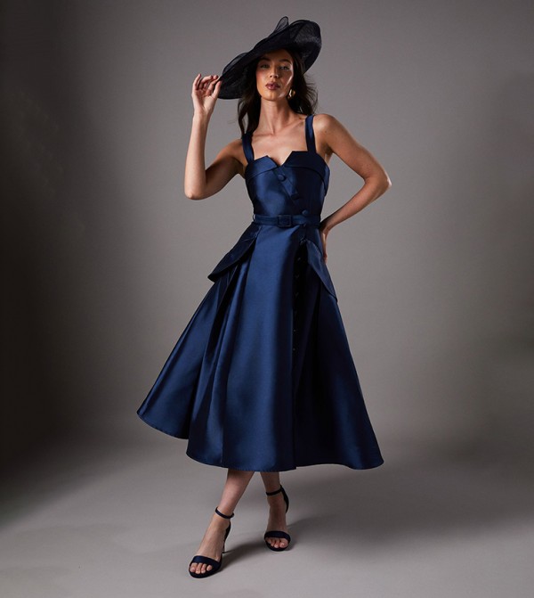 Lisa Tan Twill Volume Belted Midi Dress