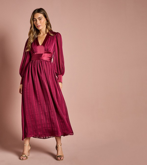 Striped Jacquard Long Sleeves V-Neck Midi Dress