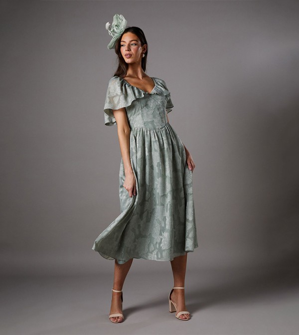 Floral Cape Sleeves Midi Dress