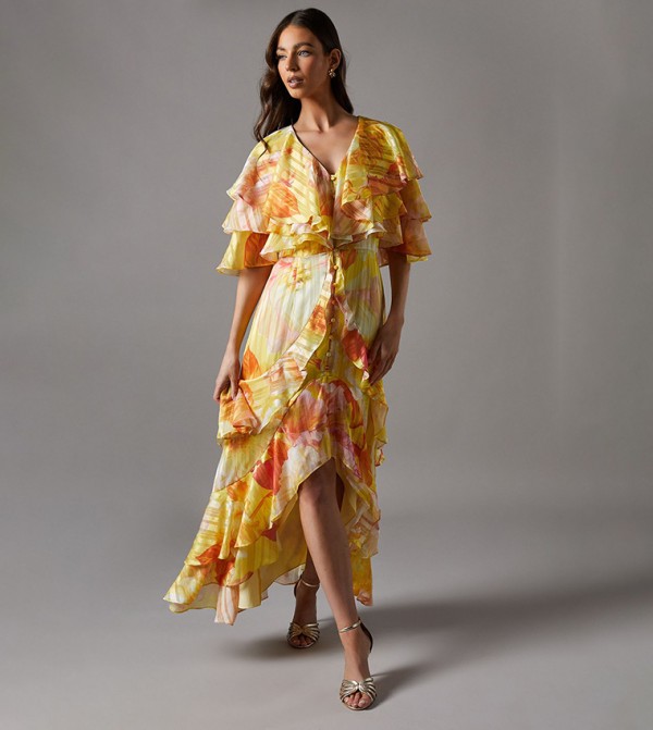 Printed Burnout Ruffled High Low Maxi Dress