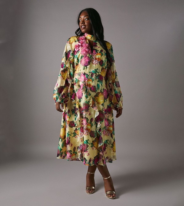 Curve Printed Jacquard Ruffle Dress