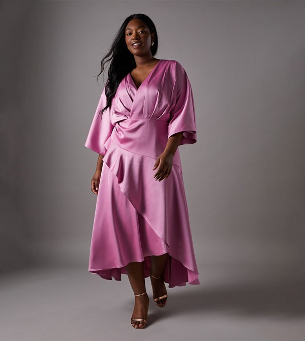 Curve Satin Back Crepe Ruffle Wrap Midi Dress