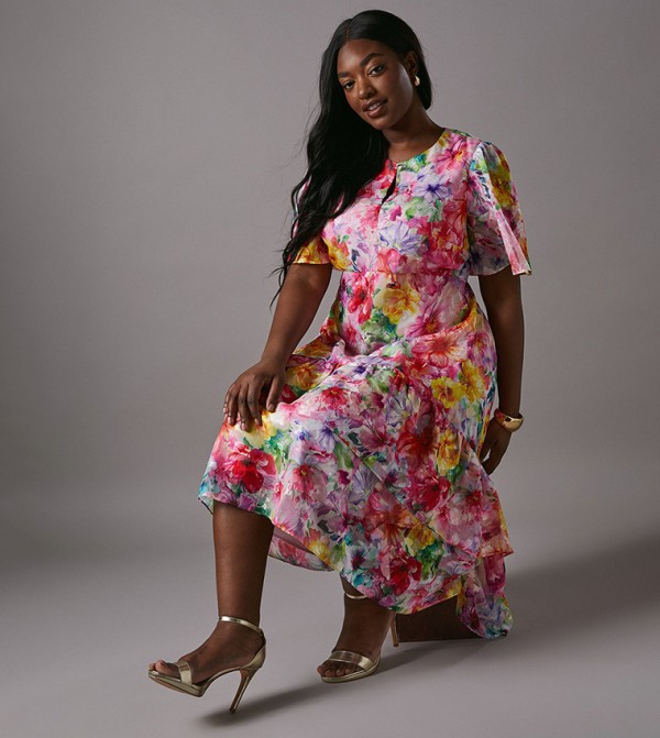 Curve Hydrangea Printed Tiered Midi Dress