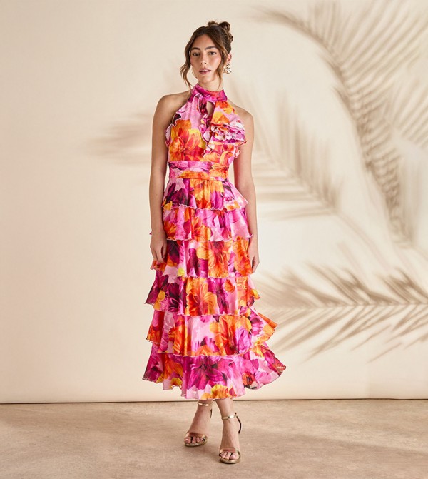 Printed Halterneck Ruffle Dress