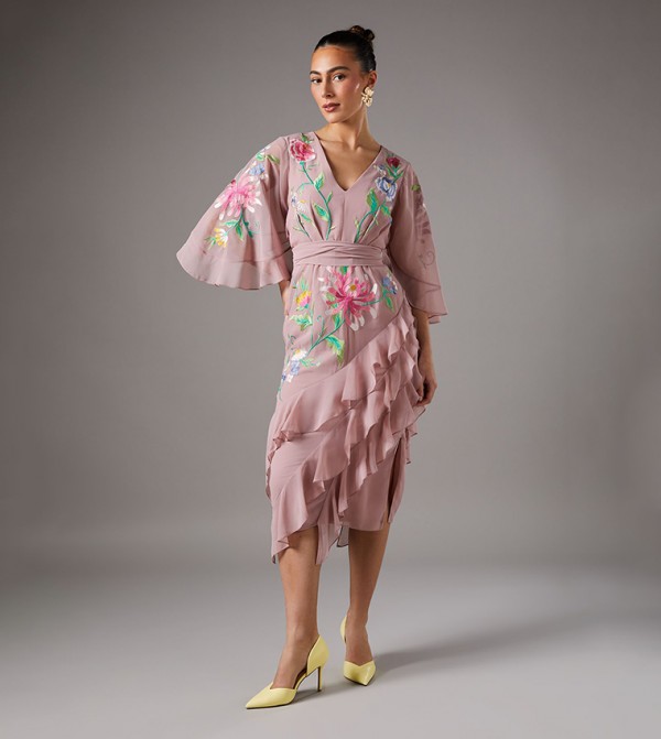 Embroidered Midi Dress with Ruffles