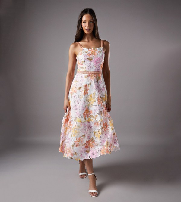 Printed Lace Strappy Midi Dress