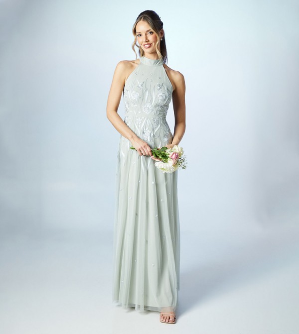 Embroidered Halter Neck Maxi Bridesmaids Dress