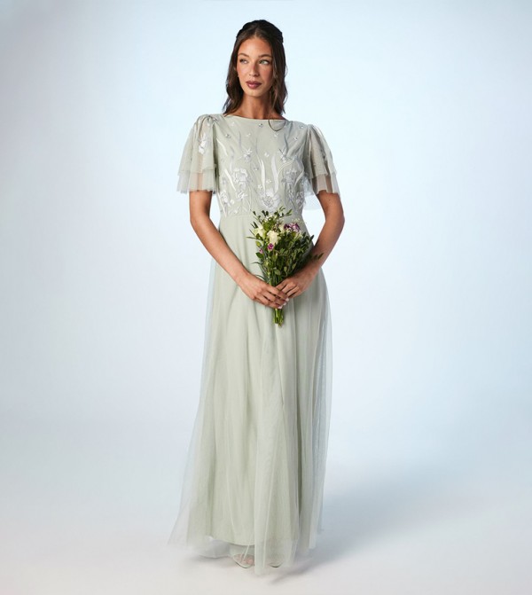 Embroidered Flared Sleeves Maxi Bridesmaids Dress