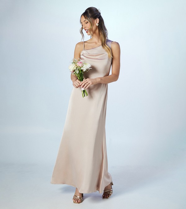 Asymmetric Shoulder Satin Bridesmaids Maxi Dress