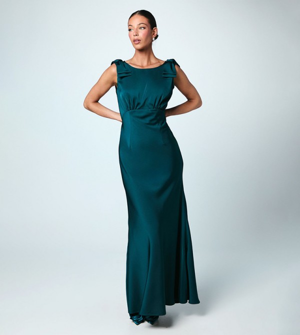 Bow Shoulder Cowl Satin Bridesmaids Maxi Dress