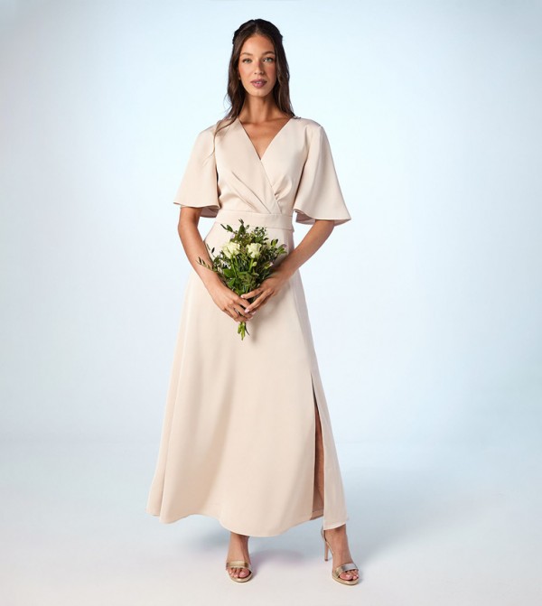 Flared Sleeves Wrap Satin Maxi Bridesmaids Dress