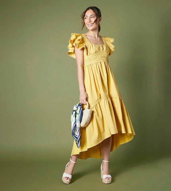 Ruffle Sleeves Tiered Midi Dress