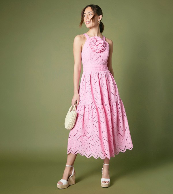Broderie Corsage Strappy Midi Dress