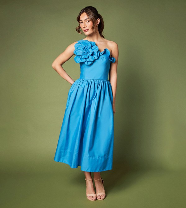 One Shoulder Corsage Midi Dress