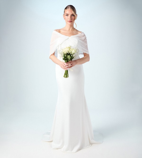 Chiffon Bardot Satin Maxi Wedding Dress with Drape Detail