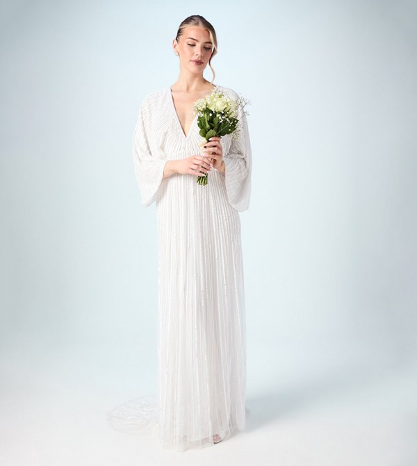V-Neck Sequined Kimono Sleeves Wedding Dress