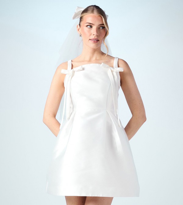 Bow Detail Twill Bridal Mini Dress
