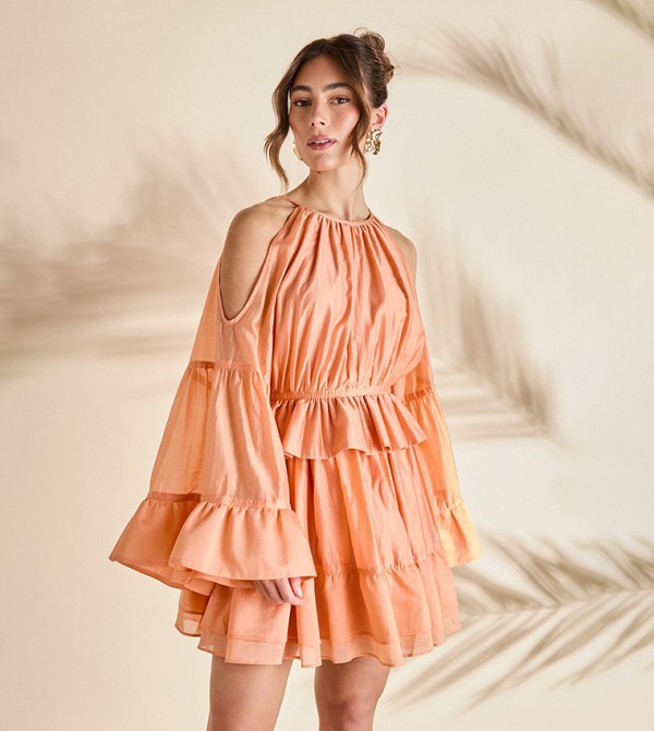 Halter Neck Long Sleeves Organza Mini Holiday Dress