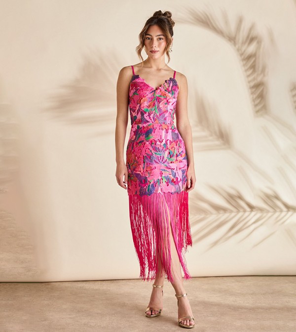 Printed Lace Fringed Midi Holiday Dress