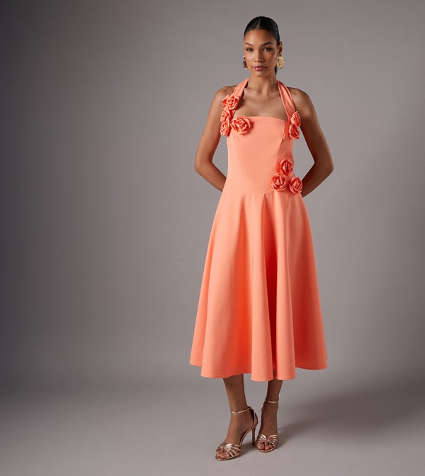 Rosette Detail Halterneck Midi Dress